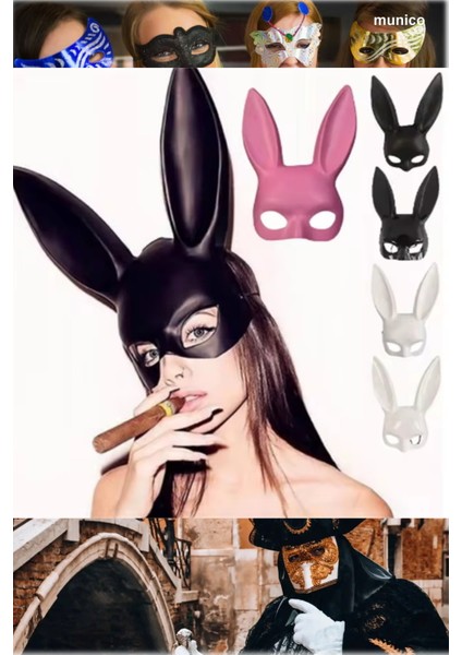 Kostümlü Parti Sexy Siyah Renk Tavşan Maske Uzun Kulaklı, Lastikli Yapı | Maskeli Balo Tiktok