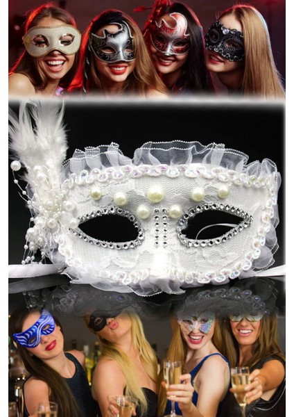 Inci Işlemeli Beyaz Maske – Tüylü ve Taşlı, Yetişkin Uyumu | Karnaval ve Sahne Performans