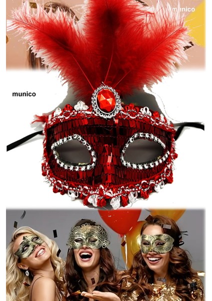 Şık Kırmızı Parti Maskesi Tüylü ve Payetli, Plastik Gövdeli | Karnaval ve Sahne Performanslar fırsatları