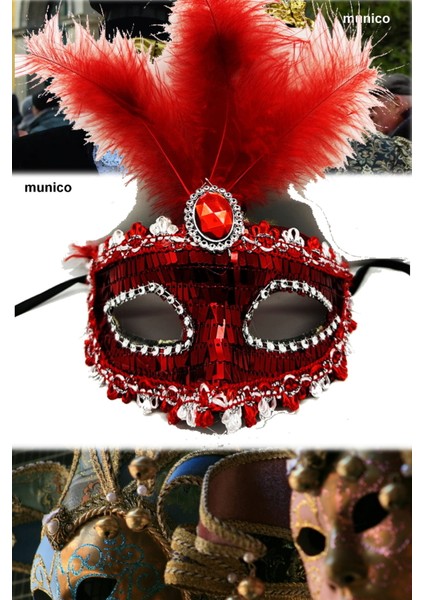 Şık Kırmızı Parti Maskesi Tüylü ve Payetli, Plastik Gövdeli | Karnaval ve Sahne Performanslar
