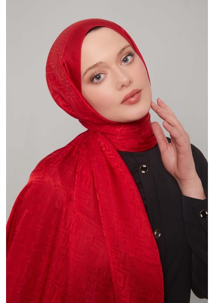 Kırmızı Kiril Desen Jakarlı Janjan Şal