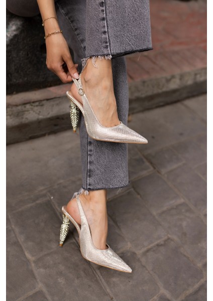 Chiado Kadın Altın Gold Özel Taşli Ökçe Topuklu Ayakkabi