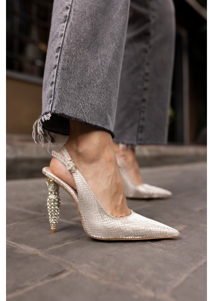 Chiado Kadın Altın Gold Özel Taşli Ökçe Topuklu Ayakkabi