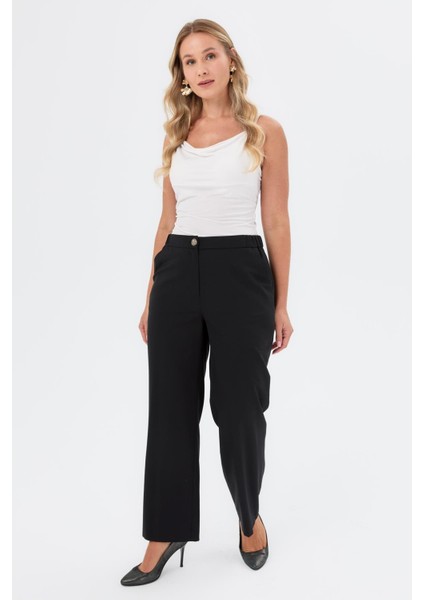 Düğme Detaylı Büyük Beden Pantolon-Siyah