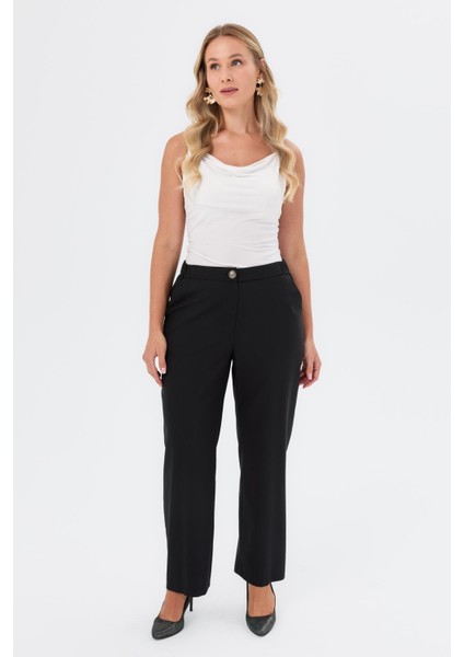 Düğme Detaylı Büyük Beden Pantolon-Siyah indirimleri