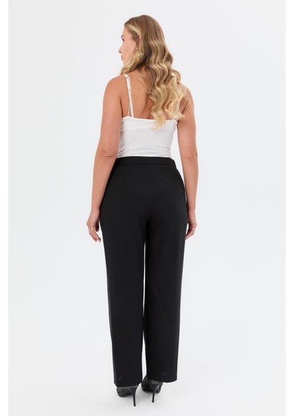 Düğme Detaylı Büyük Beden Pantolon-Siyah