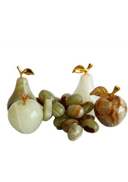 Oniks Doğal Taş Meyve Seti – 1,5” Elma X2, 1,5” Armut X2, 15’li Üzüm – Yeşil/beyaz/kahve – El Yapımı Dekoratif Hediyelik