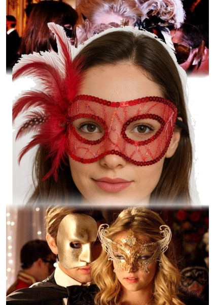 Yandan Tüylü Kırmızı Maske Parlak Payetli Tasarım, Konforlu Kullanım Karnaval ve Özel Günler