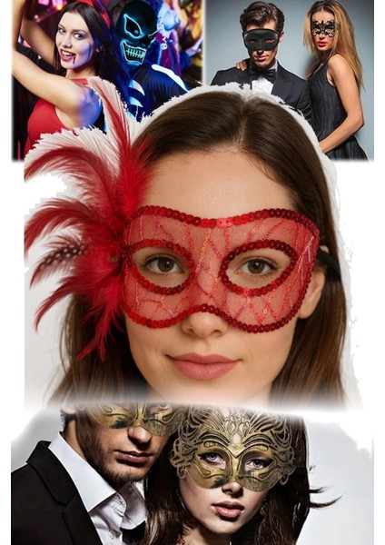 Yandan Tüylü Kırmızı Maske Parlak Payetli Tasarım, Konforlu Kullanım Karnaval ve Özel Günler fiyatları