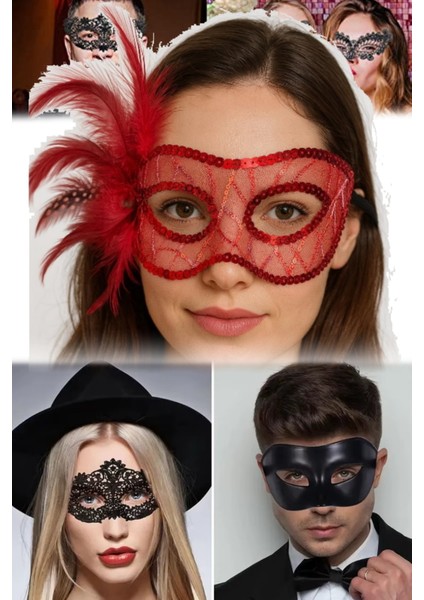 Yandan Tüylü Kırmızı Maske Parlak Payetli Tasarım, Konforlu Kullanım Karnaval ve Özel Günler fırsatları