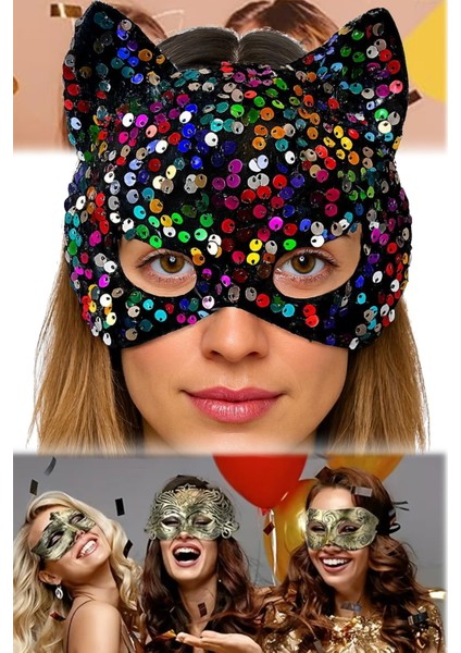 3 Adet Siyah Kadife Payetli Parti Maskesi Rengarenk Pullu, Ayarlanabilir Lastikli | 16X14 cm Şık Sexy modelleri