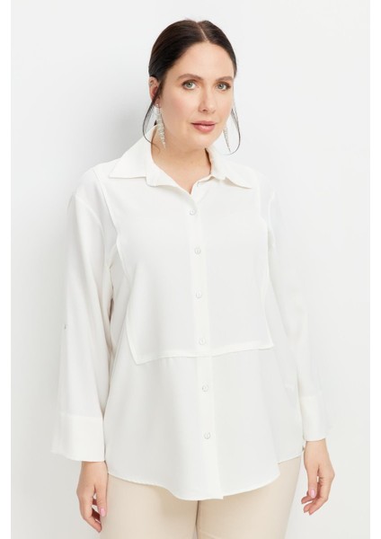 Büyük Beden Yakası Broşlu Gömlek-Kemık