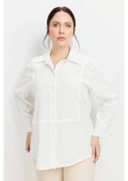 Büyük Beden Yakası Broşlu Gömlek-Kemık fiyatları