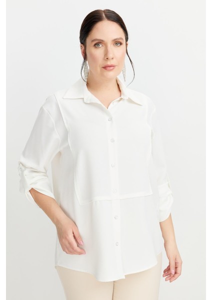 Büyük Beden Yakası Broşlu Gömlek-Kemık modelleri