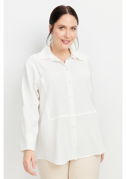 Büyük Beden Yakası Broşlu Gömlek-Kemık fırsatları