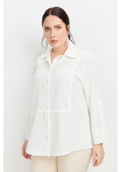 Büyük Beden Yakası Broşlu Gömlek-Kemık indirimleri