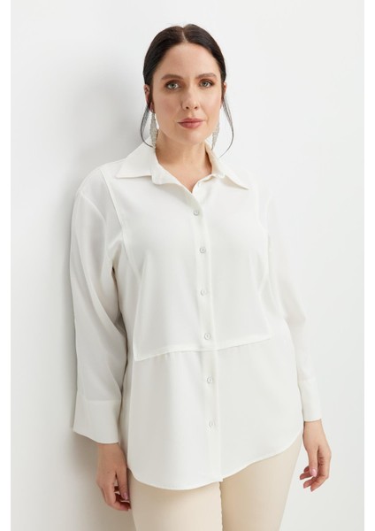 Büyük Beden Yakası Broşlu Gömlek-Kemık