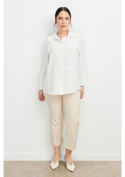 Büyük Beden Yakası Broşlu Gömlek-Kemık