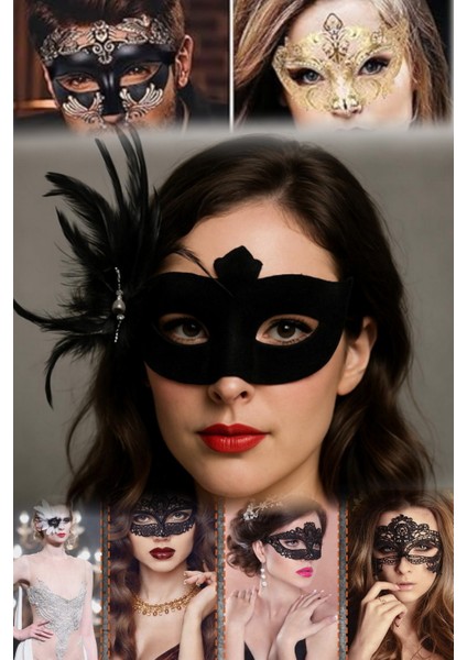 3 Adet Siyah Süet Kaplama Parti Maskesi – Yandan Tüylü, Beyaz Incili | 18X15 cm Maskeli Balo