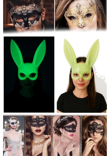 2 Adet Karanlıkta Yanan Tavşan Maske Glow Etkili, Elastik Bantlı | Festival ve Kostüm Partileri Için