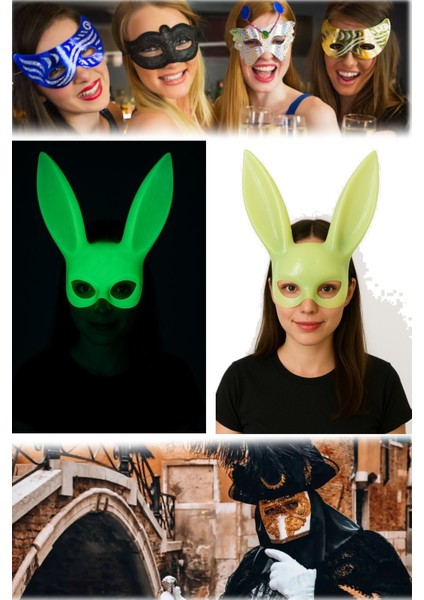 2 Adet Karanlıkta Yanan Tavşan Maske Glow Etkili, Elastik Bantlı | Festival ve Kostüm Partileri Için modelleri