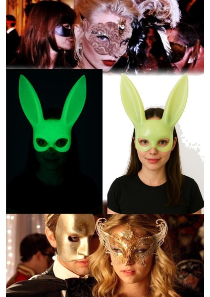 2 Adet Karanlıkta Yanan Tavşan Maske Glow Etkili, Elastik Bantlı | Festival ve Kostüm Partileri Için