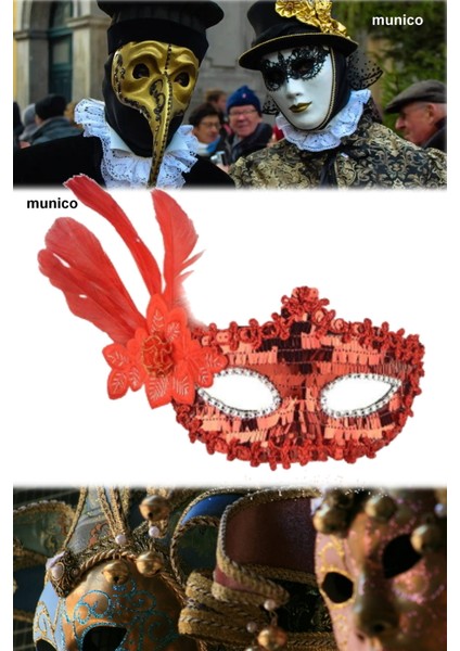 Şık Kırmızı Maske – Tüylü ve Pullu Tasarım, Yetişkin Uyumu | Karnaval ve Sahne Performans