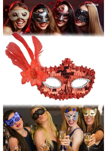 Şık Kırmızı Maske – Tüylü ve Pullu Tasarım, Yetişkin Uyumu | Karnaval ve Sahne Performans
