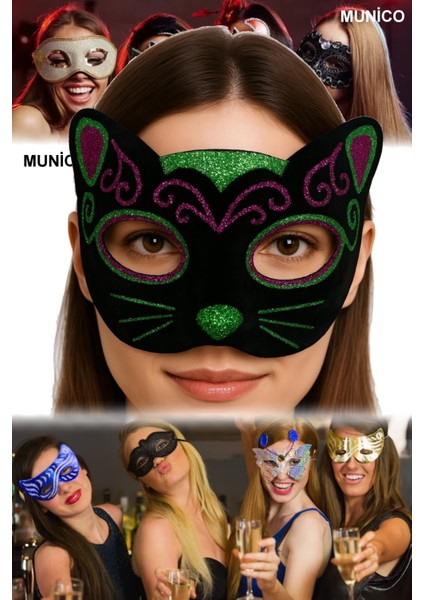 Siyah Kadife Kedi Maskesi – Pembe Yeşil Simli, Sevimli Kulaklı Sim Işlemeli Siyah Kedi Maske