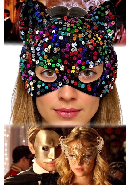 3 Adet Rengarenk Payetli Siyah Maske Kadife Kumaşlı, Hafif ve Rahat Maskeli Balo Kostüm Partisi Için