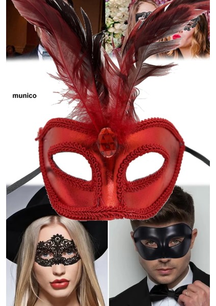 Kırmızı Rugan Parti Maskesi – Tüylü, Lastikli Hallowen Maskeli Balo ve Kostüm Aksesuarı