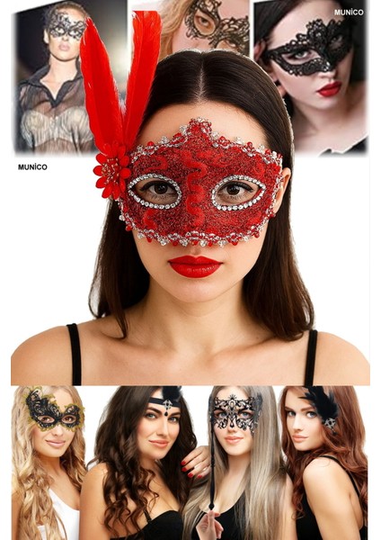 3 Adet Zarif Kırmızı Maske Göz Çevresi Taşlı, Tüylü ve Dantelli Maskeli Balo Fotoğraf Çekimi Için indirimleri