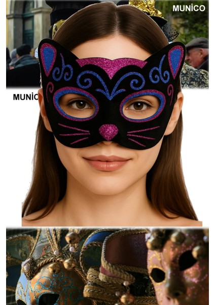 Siyah Kadife Kedi Maskesi – Pembe Mavi Simli, Sevimli Kulaklı | 20X13 cm Parti Aksesuarı