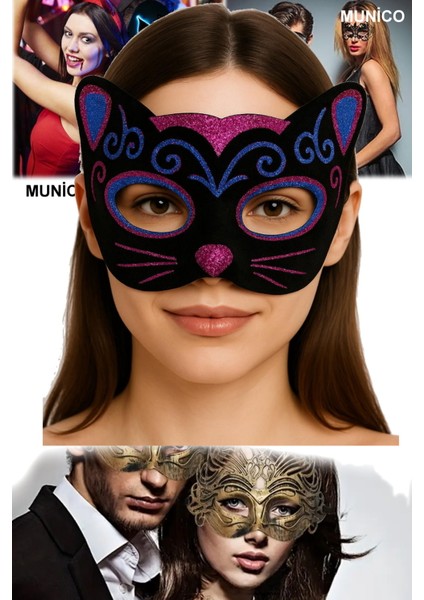 Siyah Kadife Kedi Maskesi – Pembe Mavi Simli, Sevimli Kulaklı | 20X13 cm Parti Aksesuarı modelleri
