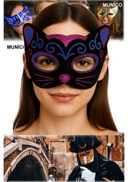 Siyah Kadife Kedi Maskesi – Pembe Mavi Simli, Sevimli Kulaklı | 20X13 cm Parti Aksesuarı
