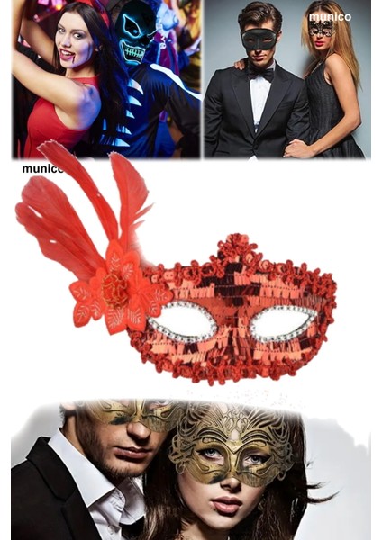 3 Adet Şık Kırmızı Maske – Tüylü ve Pullu Tasarım, Yetişkin Uyumu | Karnaval ve Sahne Performans