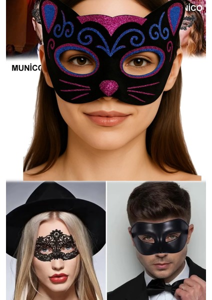 3 Adet Sim Işlemeli Siyah Kedi Maske Kadife Kaplama, Lastikli | Maskeli Balo ve Kostüm Partisi Için