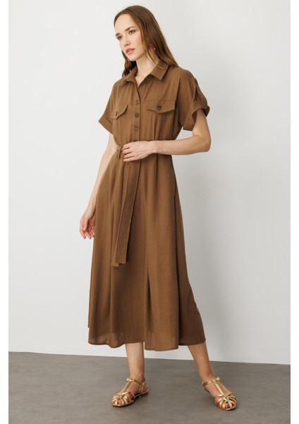 Kuşak Detaylı Keten Görünüm Elbise-Kahve