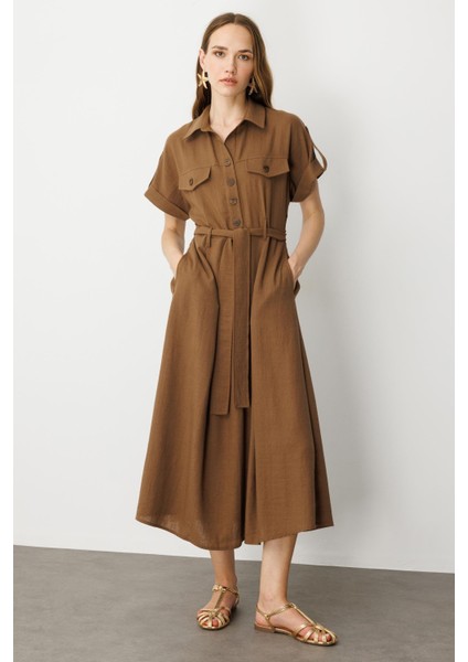 Kuşak Detaylı Keten Görünüm Elbise-Kahve fiyatları