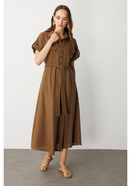 Kuşak Detaylı Keten Görünüm Elbise-Kahve modelleri