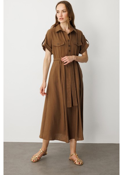 Kuşak Detaylı Keten Görünüm Elbise-Kahve fırsatları