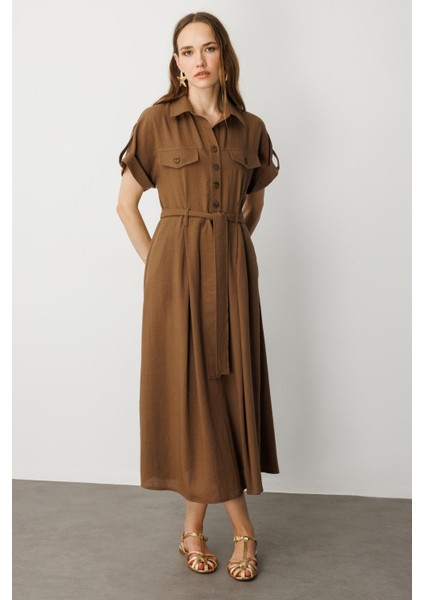 Kuşak Detaylı Keten Görünüm Elbise-Kahve indirimleri