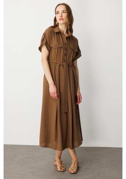 Kuşak Detaylı Keten Görünüm Elbise-Kahve