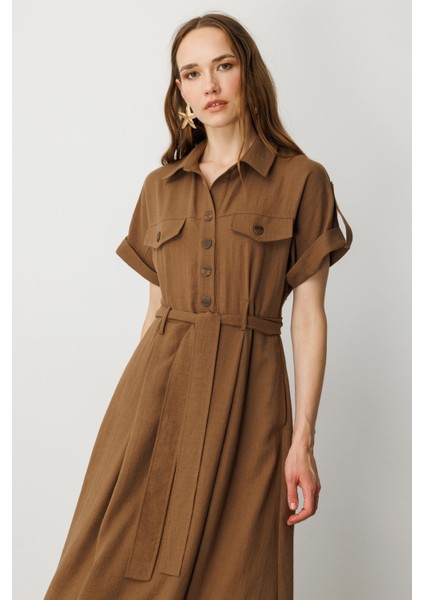 Kuşak Detaylı Keten Görünüm Elbise-Kahve