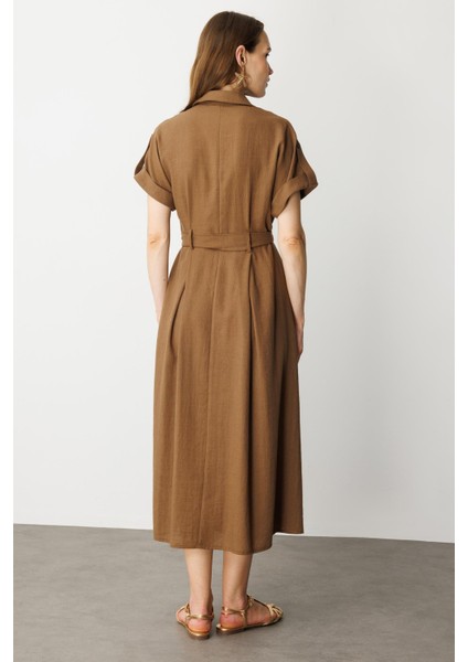 Kuşak Detaylı Keten Görünüm Elbise-Kahve