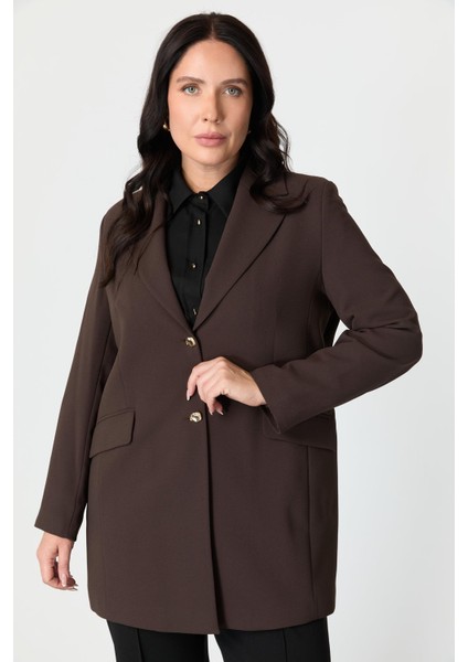 Büyük Beden Çift Düğmeli Krep Ceket-Kahve