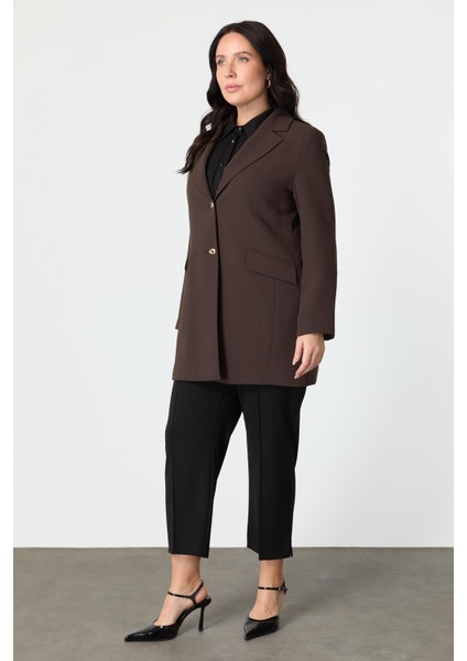 Büyük Beden Çift Düğmeli Krep Ceket-Kahve fiyatları
