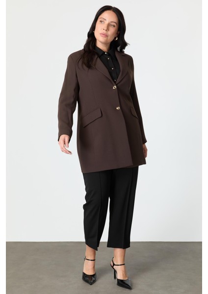 Büyük Beden Çift Düğmeli Krep Ceket-Kahve modelleri