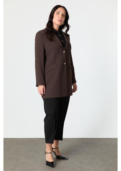 Büyük Beden Çift Düğmeli Krep Ceket-Kahve fırsatları