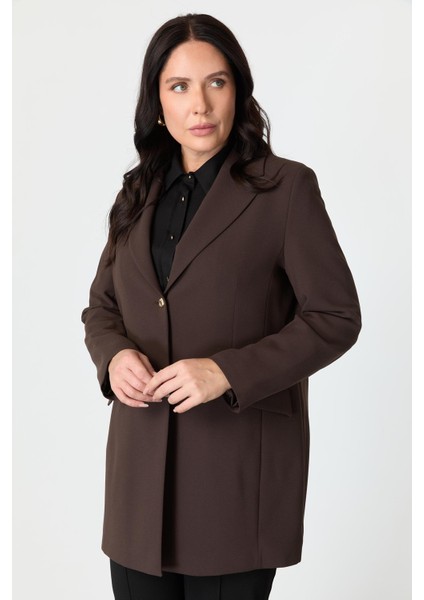 Büyük Beden Çift Düğmeli Krep Ceket-Kahve indirimleri